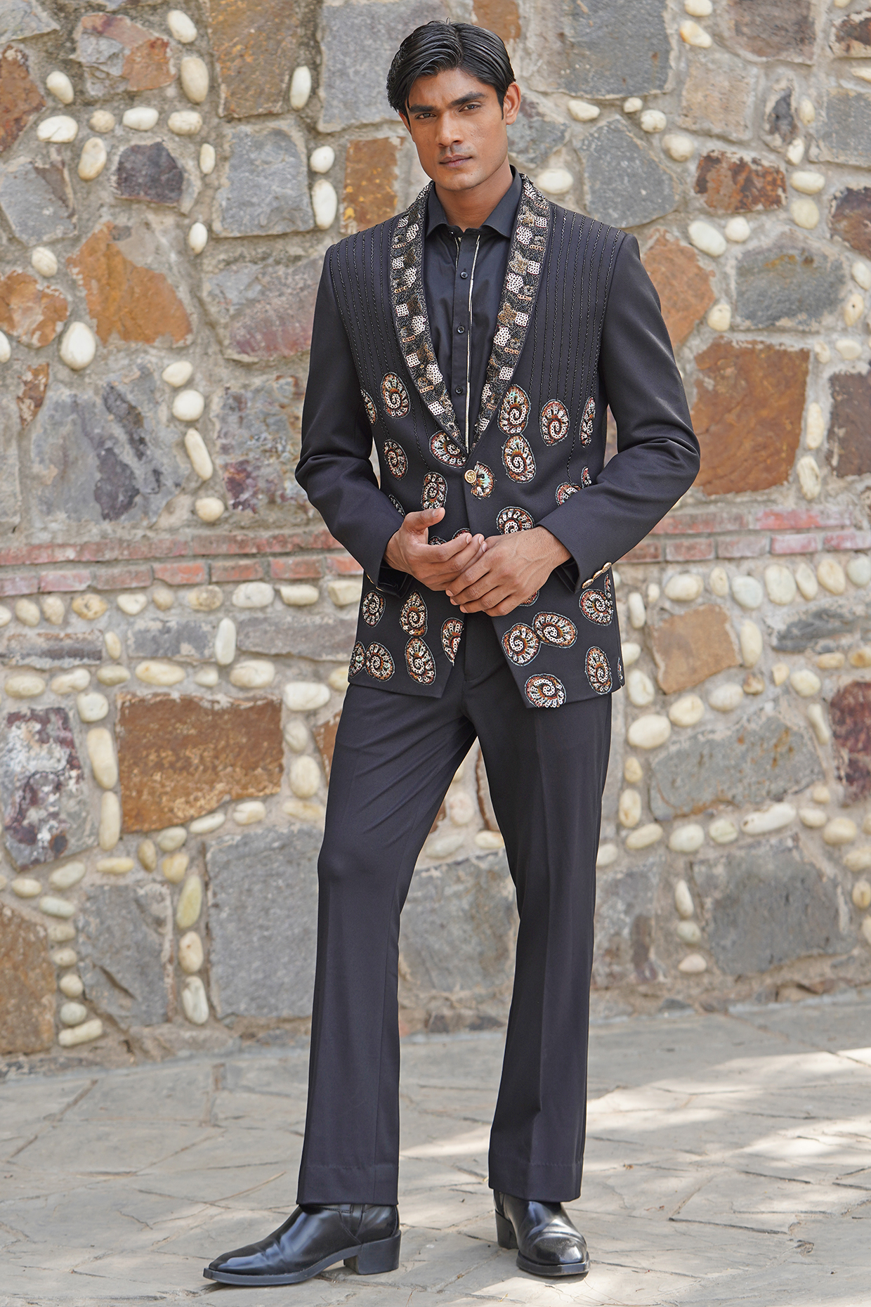 Black Satin Hand Embroidered Blazer Set by Soniya G Men