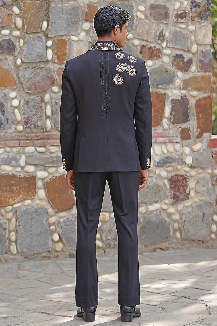 Black Satin Hand Embroidered Blazer Set by Soniya G Men at Pernia's Pop Up Shop