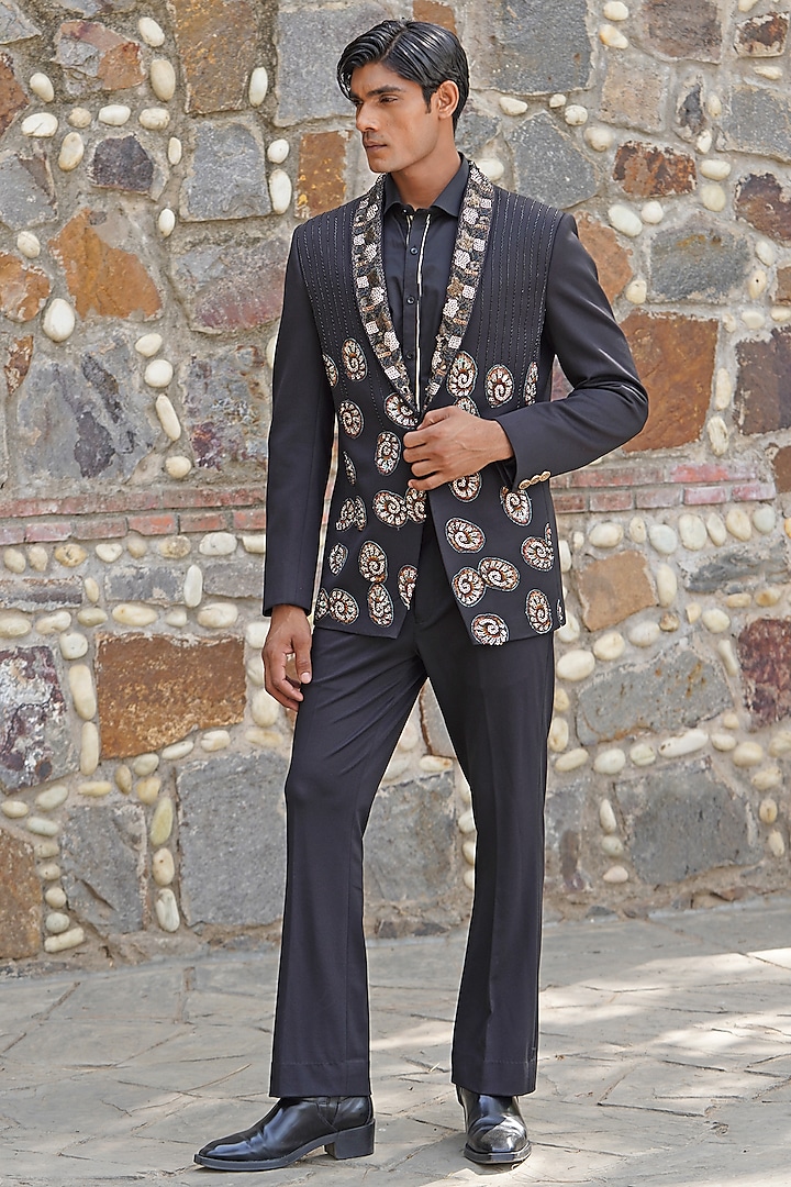 Black Satin Hand Embroidered Blazer Set by Soniya G Men at Pernia's Pop Up Shop