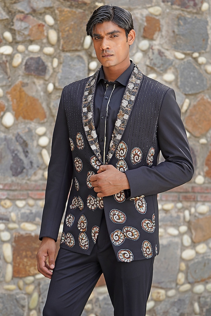 Black Satin Hand Embroidered Blazer Set by Soniya G Men at Pernia's Pop Up Shop