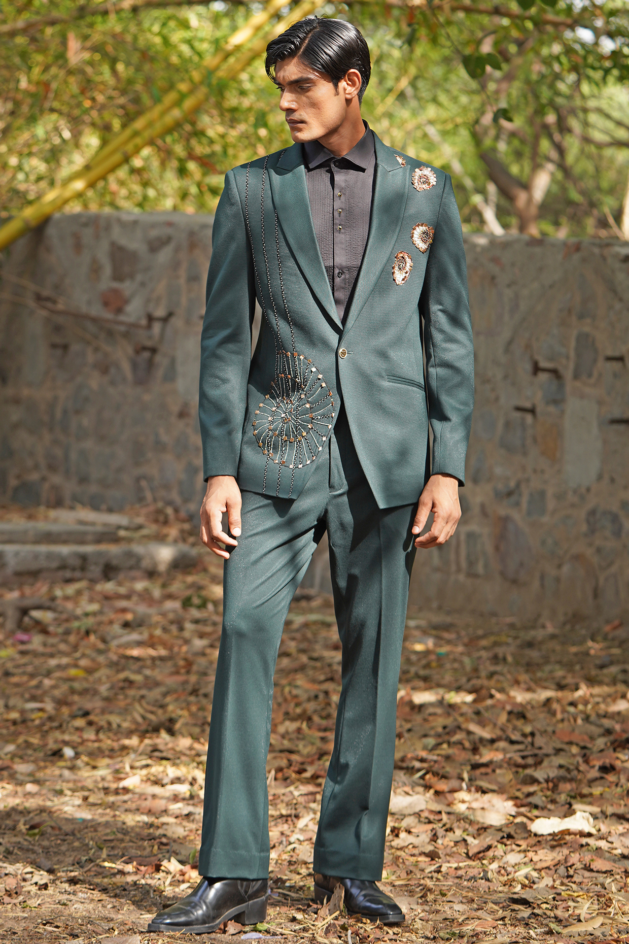 Forest Green Handwoven Raw Silk Blend Embroidered Tuxedo Set by Soniya G Men