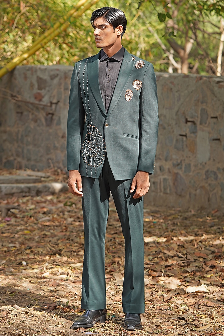 Forest Green Handwoven Raw Silk Blend Embroidered Tuxedo Set by Soniya G Men at Pernia's Pop Up Shop
