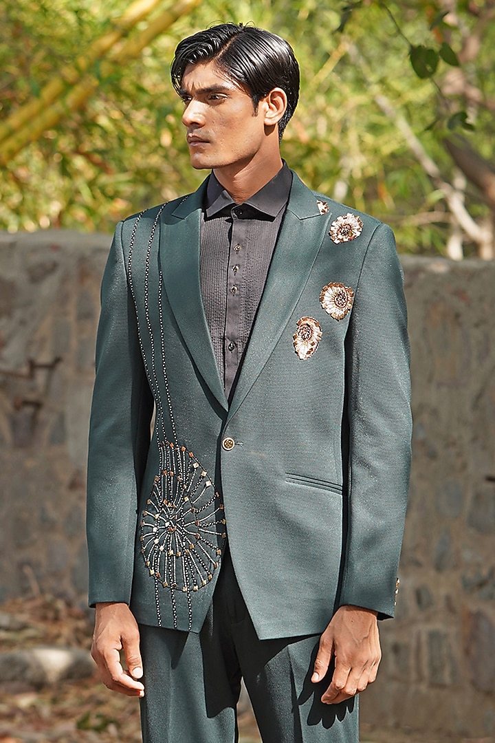 Forest Green Handwoven Raw Silk Blend Embroidered Tuxedo Set by Soniya G Men at Pernia's Pop Up Shop
