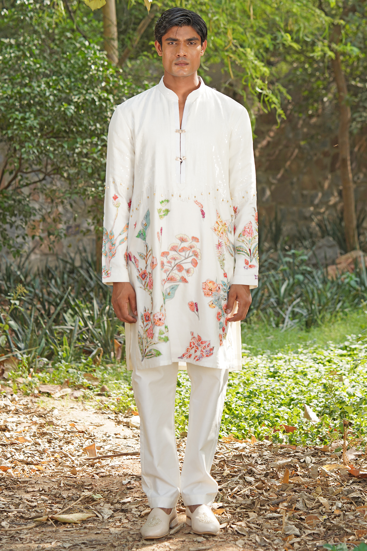 Ivory Handwoven Chanderi Silk Hand Embroidered Kurta Set by Soniya G Men