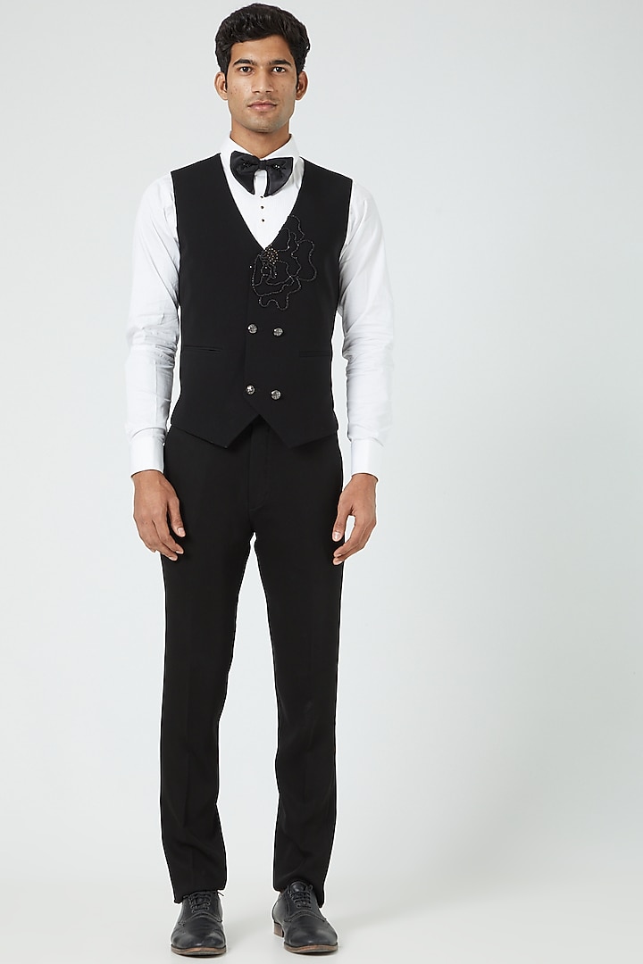 Black Wool Blend Tuxedo Set by Soniya G Men at Pernia's Pop Up Shop