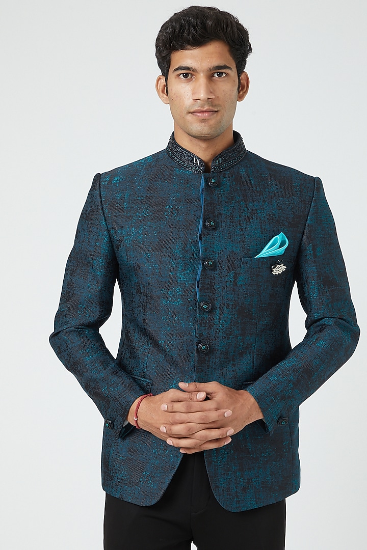 Turquoise Silk Blend Wedding Bandhgala Set by Soniya G Men at Pernia's Pop Up Shop