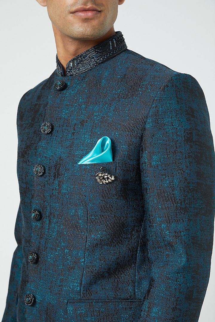 Turquoise Silk Blend Wedding Bandhgala Set by Soniya G Men at Pernia's Pop Up Shop