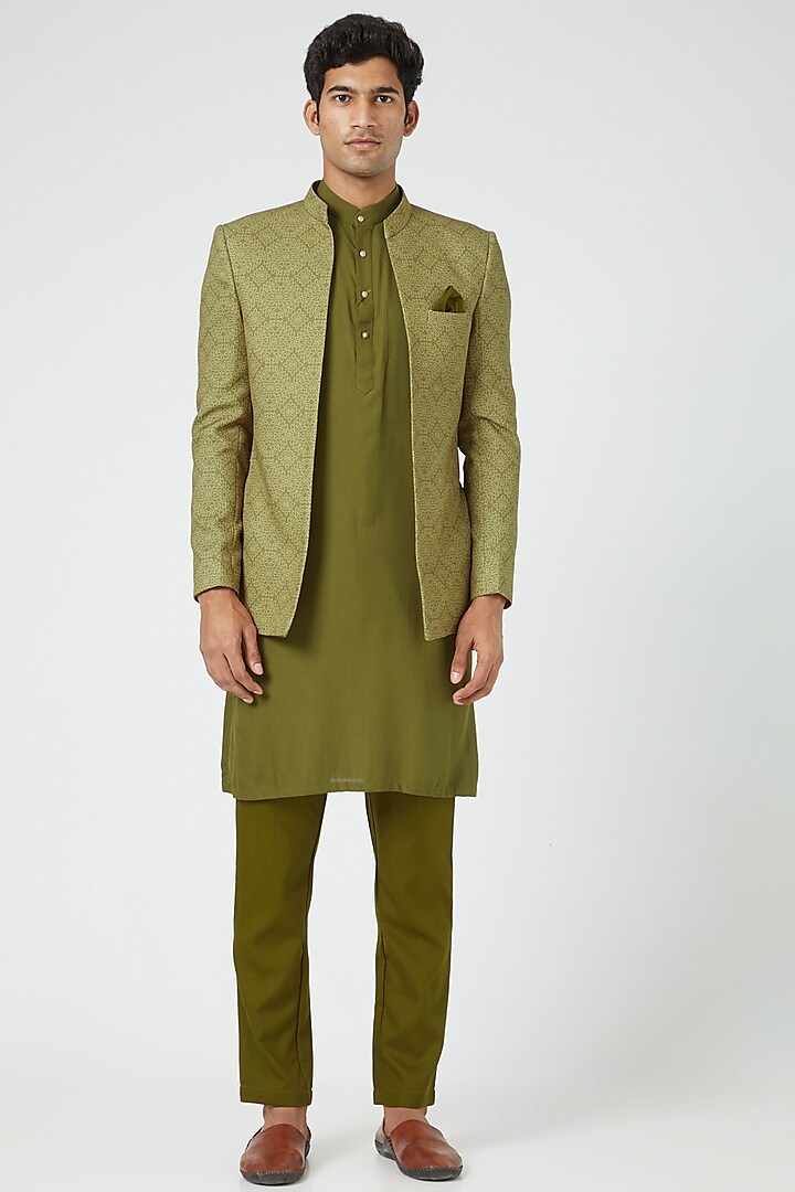 Mehendi Green Jodhpuri Jacket With Evening Green Kurta Set by Soniya G Men