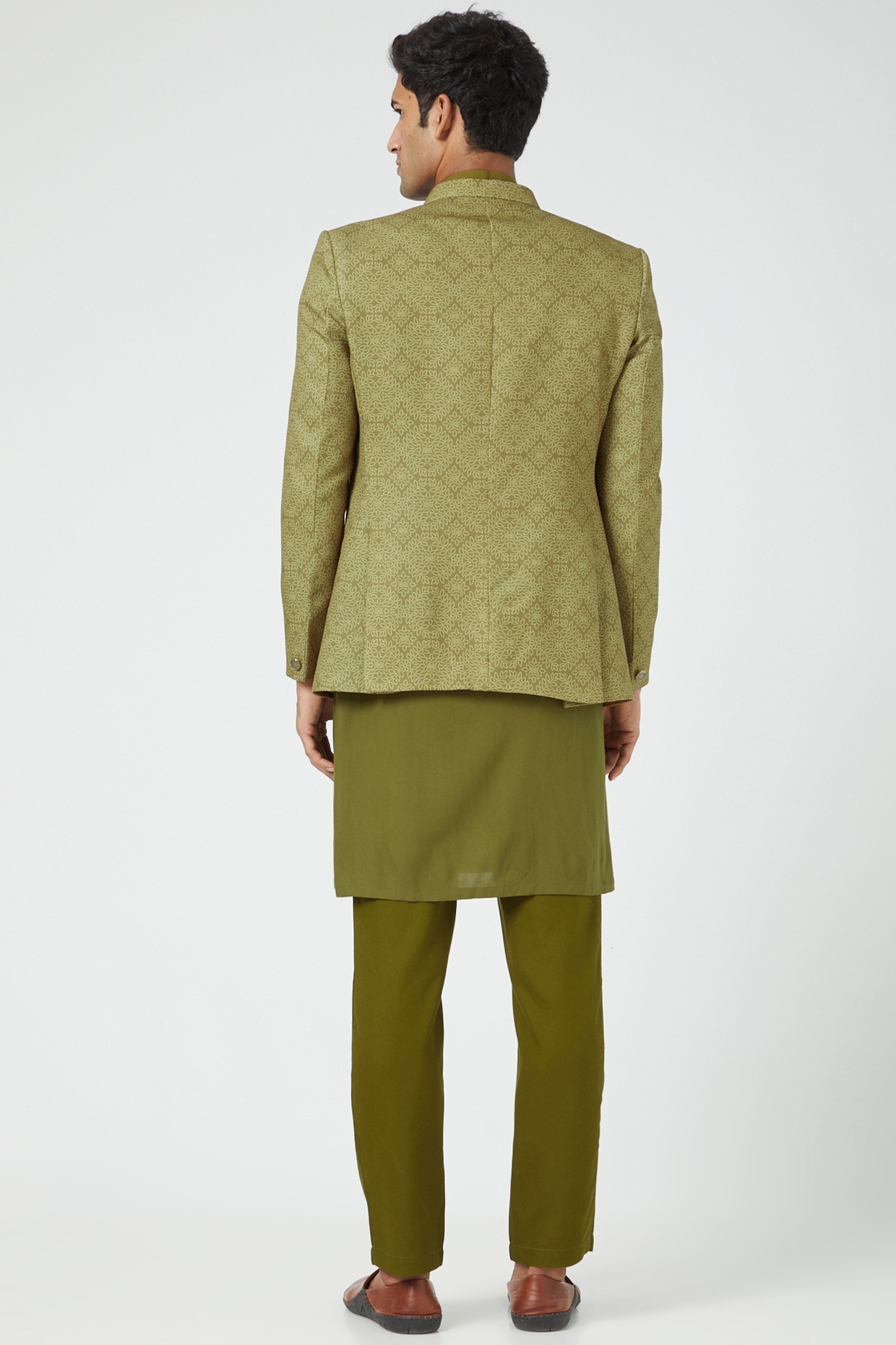 Solid Banarasi Silk Fabric Dark Green Color Kurta Pyjama With Light Cyan  Jacket