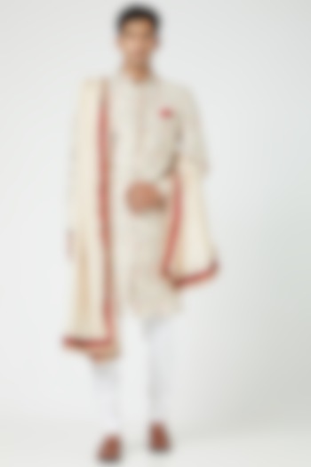 Off-White Silk Blend Sherwani Set With Multi-Colored Work by Soniya G Men