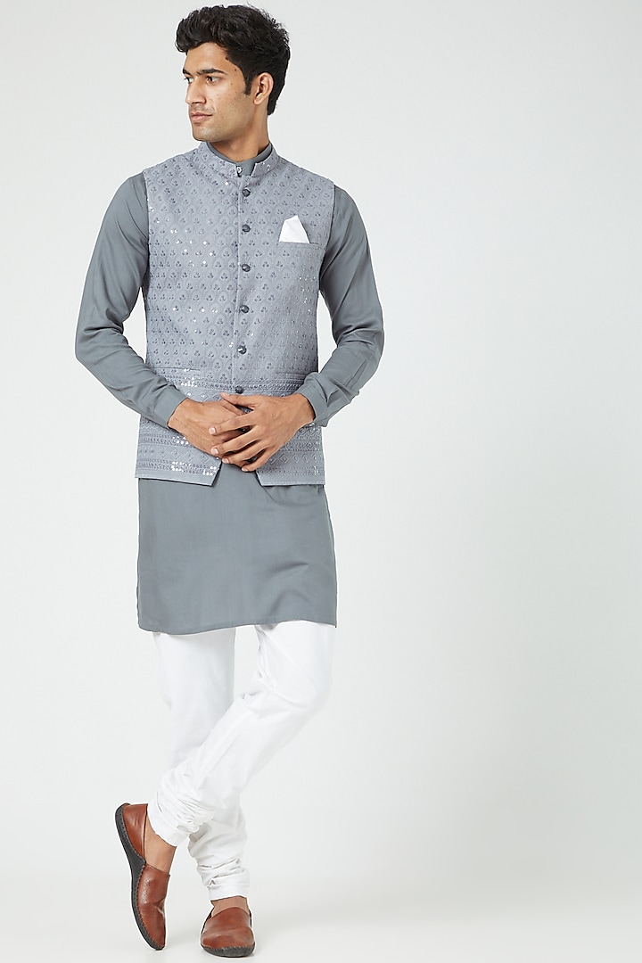 Grey Silk Blend Bundi Jacket With Kurta Set by Soniya G Men