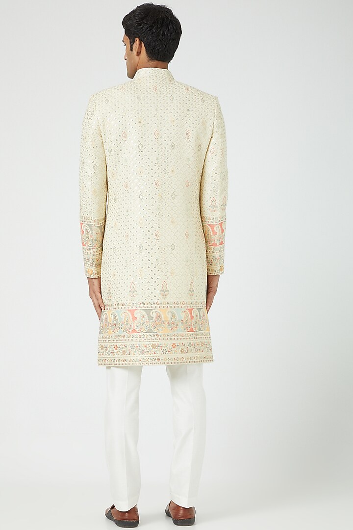 Cream Silk Blend Embroidered Wedding Sherwani Set by Soniya G Men at Pernia's Pop Up Shop