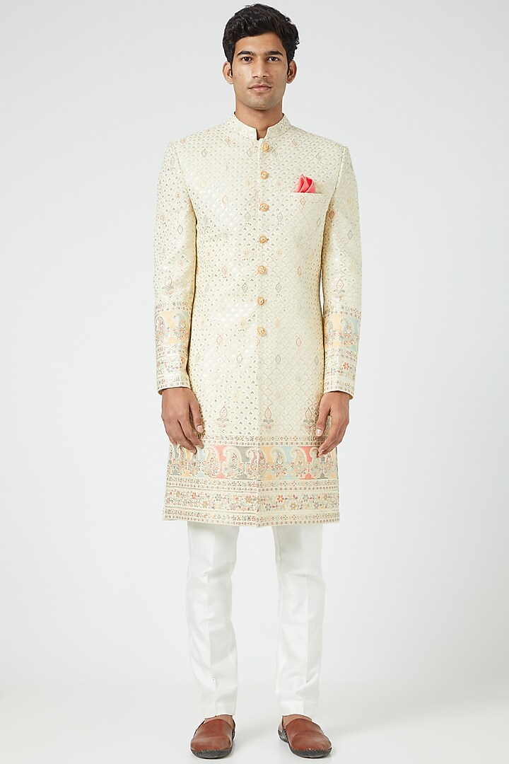 Cream Silk Blend Embroidered Wedding Sherwani Set by Soniya G Men at Pernia's Pop Up Shop