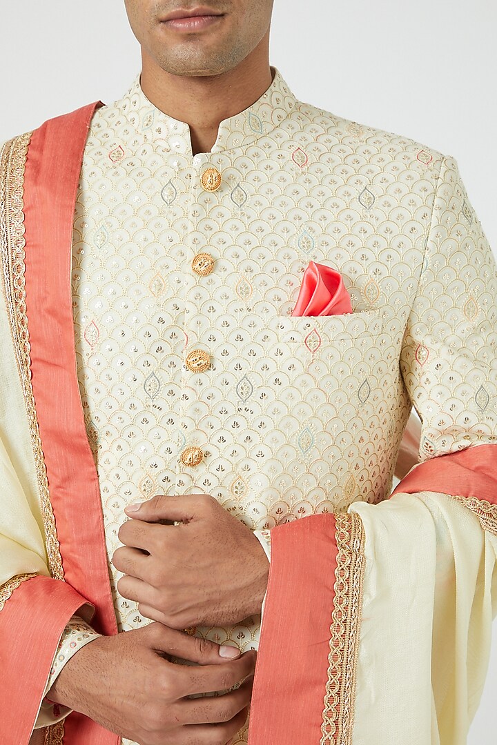 Cream Silk Blend Embroidered Wedding Sherwani Set by Soniya G Men at Pernia's Pop Up Shop