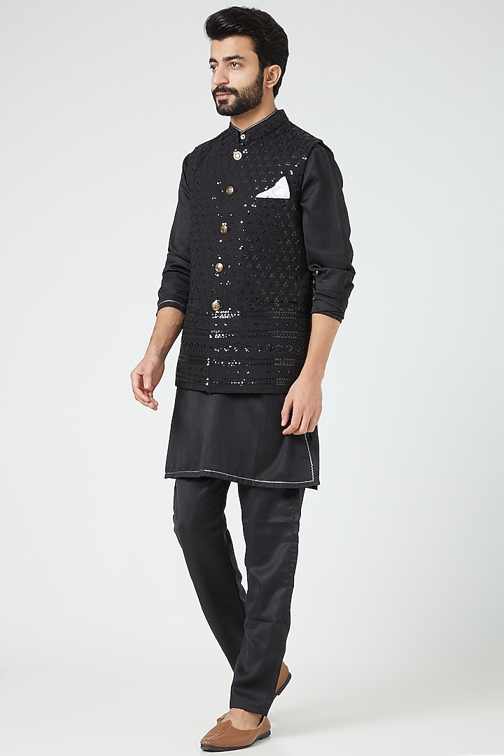 Black Silk Blend Bundi Jacket With Kurta Set by Soniya G Men