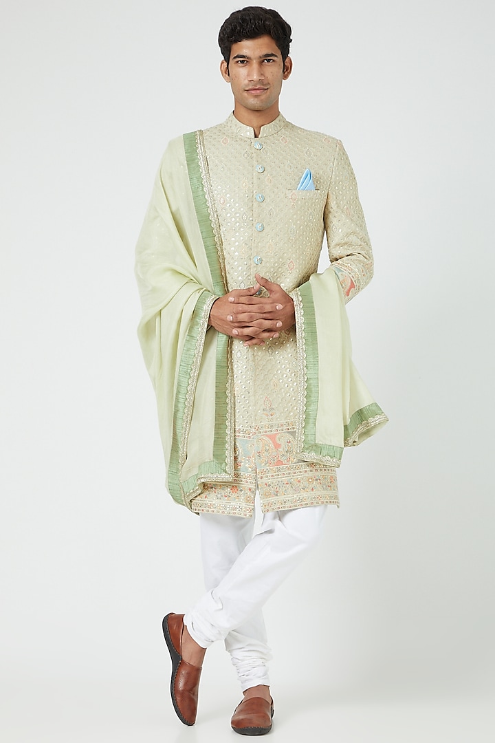 Mint Green Embroidered Sherwani Set by Soniya G Men