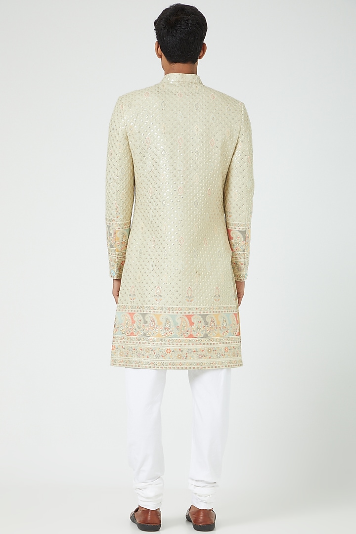 Mint Green Silk Blend Embroidered Wedding Sherwani Set by Soniya G Men at Pernia's Pop Up Shop