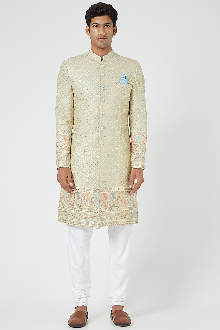 Mint Green Silk Blend Embroidered Wedding Sherwani Set by Soniya G Men at Pernia's Pop Up Shop