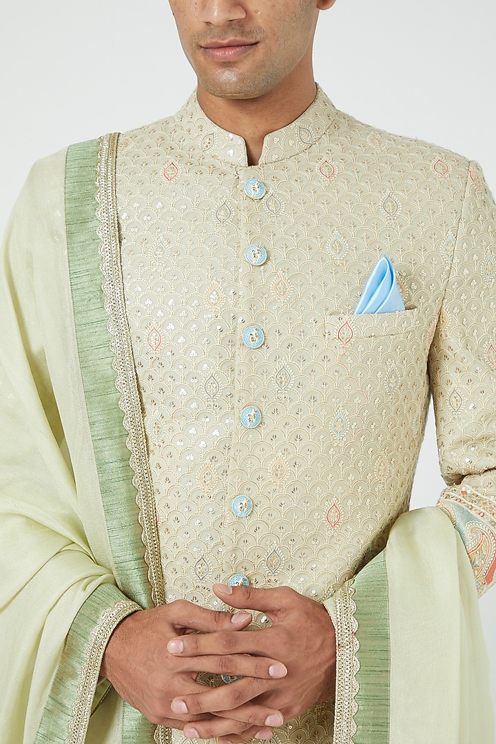 Mint Green Silk Blend Embroidered Wedding Sherwani Set by Soniya G Men at Pernia's Pop Up Shop