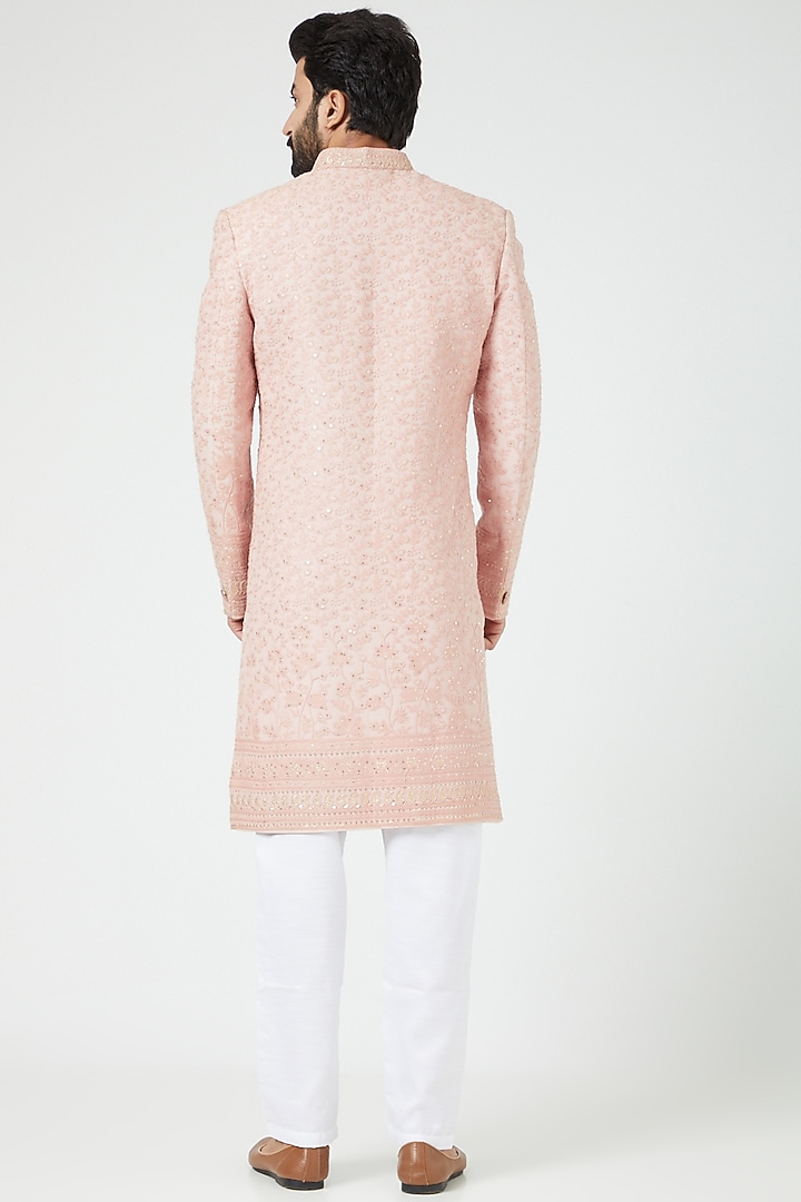 Blush Pink Silk Blend Embroidered Wedding Sherwani Set by Soniya G Men at Pernia's Pop Up Shop