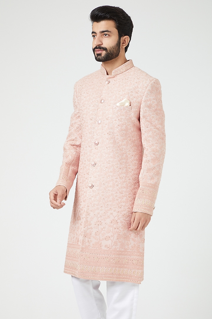 Blush Pink Silk Blend Embroidered Wedding Sherwani Set by Soniya G Men at Pernia's Pop Up Shop