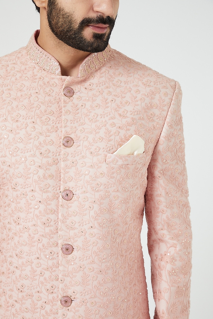 Blush Pink Silk Blend Embroidered Wedding Sherwani Set by Soniya G Men at Pernia's Pop Up Shop