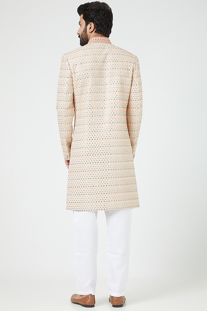 Multi-Coloured Silk Blend Embroidered Wedding Sherwani Set by Soniya G Men at Pernia's Pop Up Shop