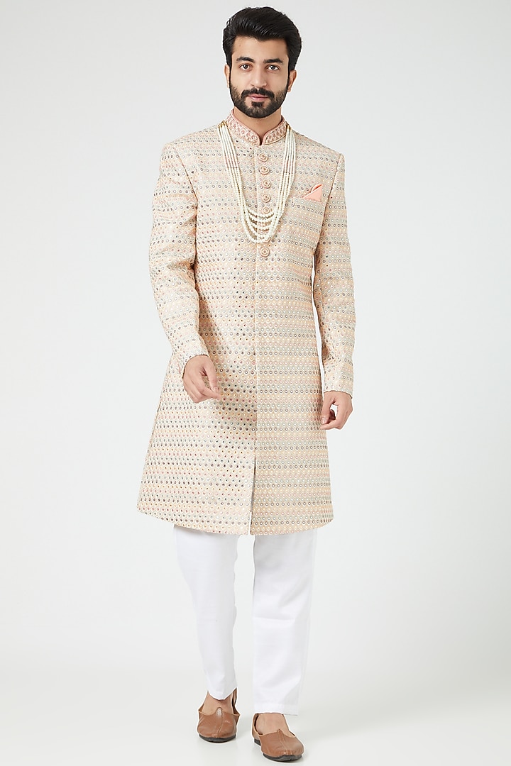 Multi-Coloured Silk Blend Embroidered Wedding Sherwani Set by Soniya G Men at Pernia's Pop Up Shop