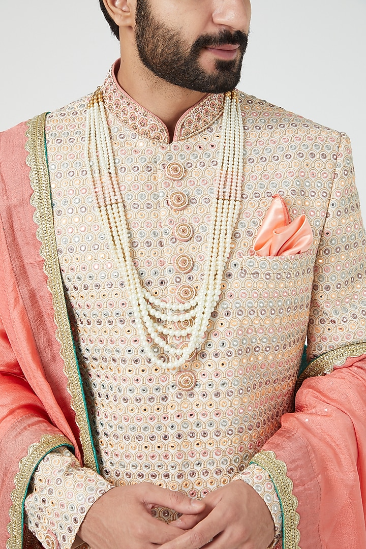 Multi-Coloured Silk Blend Embroidered Wedding Sherwani Set by Soniya G Men at Pernia's Pop Up Shop