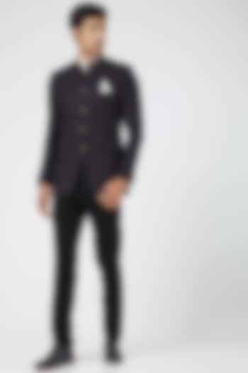 Black Embroidered Wedding Bandhgala Set by Soniya G Men at Pernia's Pop Up Shop