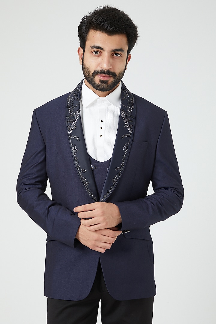 Royal Blue Embroidered Tuxedo Set by Soniya G Men at Pernia's Pop Up Shop