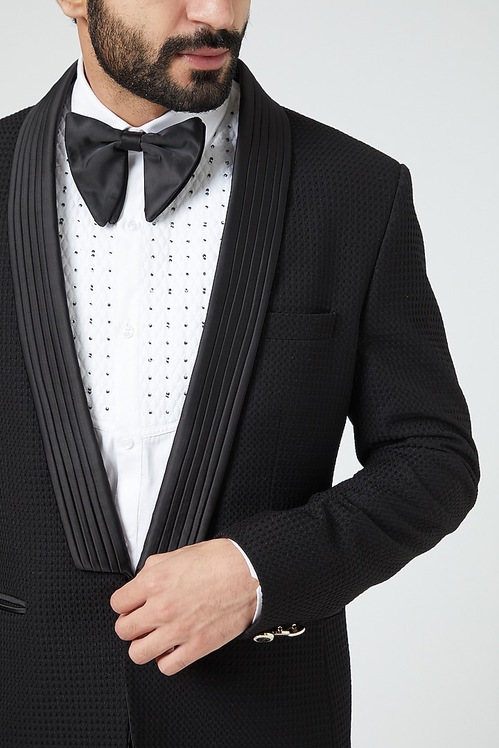 Black Wool Blend Tuxedo Set by Soniya G Men at Pernia's Pop Up Shop