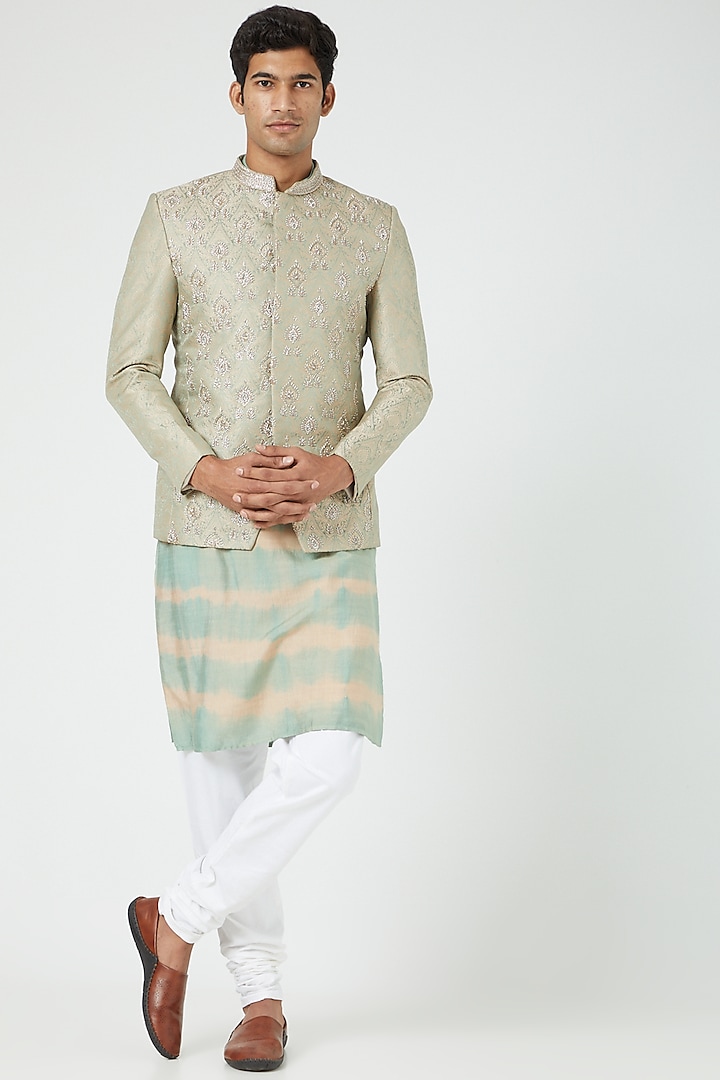 Mint Green Jodhpuri Jacket With Leheriya Kurta Set by Soniya G Men