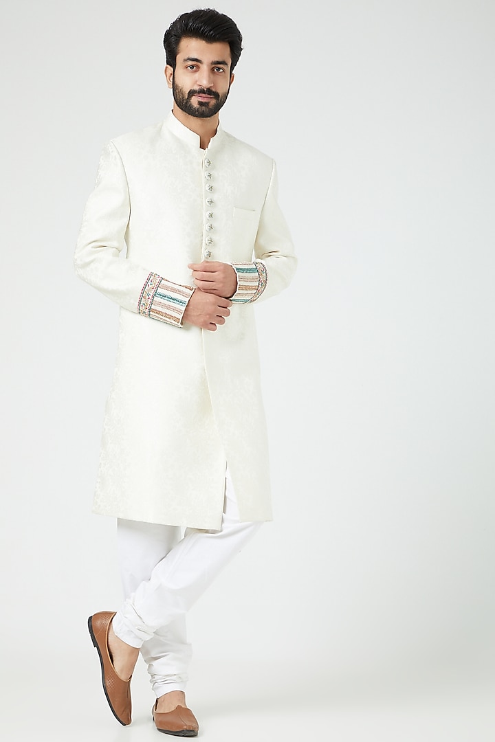 White Embroidered Sherwani Set by Soniya G Men