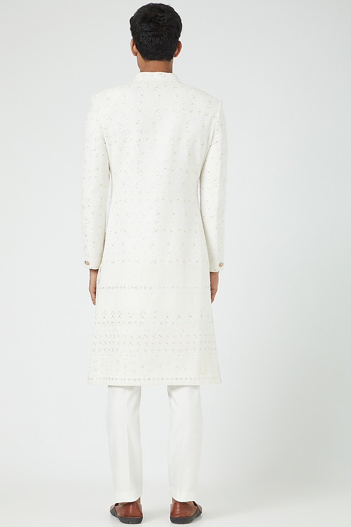 White Wedding Sherwani Set With Thread Work by Soniya G Men at Pernia's Pop Up Shop