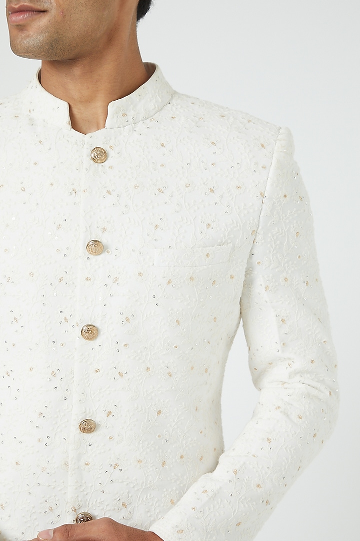 White Wedding Sherwani Set With Thread Work by Soniya G Men at Pernia's Pop Up Shop