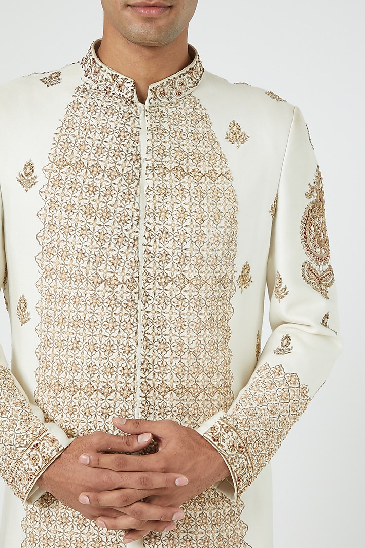 White Pashmina Embroidered Groom Sherwani Set by Soniya G Men at Pernia's Pop Up Shop
