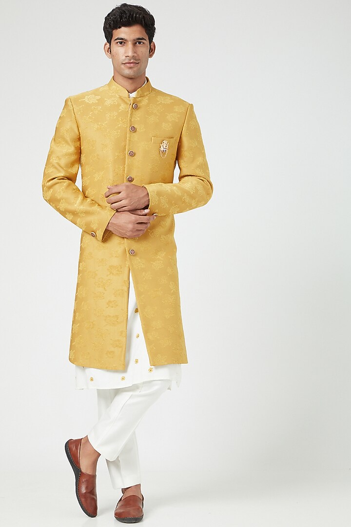 Mustard Embroidered Wedding Sherwani Set by Soniya G Men at Pernia's Pop Up Shop