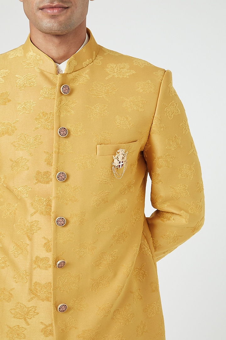 Mustard Embroidered Wedding Sherwani Set by Soniya G Men at Pernia's Pop Up Shop