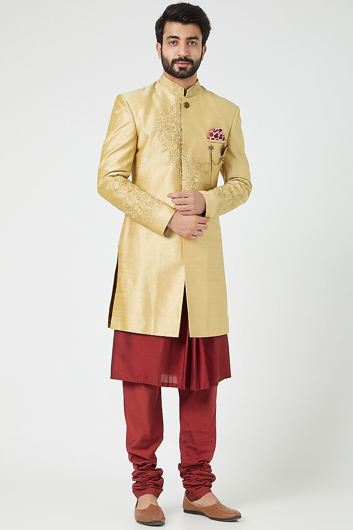 Gold Embroidered Wedding Sherwani Set by Soniya G Men at Pernia's Pop Up Shop