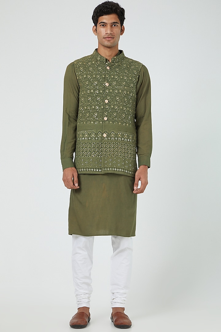 Olive Green Lucknowi Bundi Jacket Set by Soniya G Men