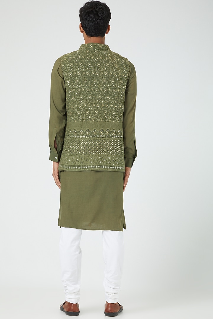 Olive Green Lucknowi Bundi Jacket Set by Soniya G Men at Pernia's Pop Up Shop