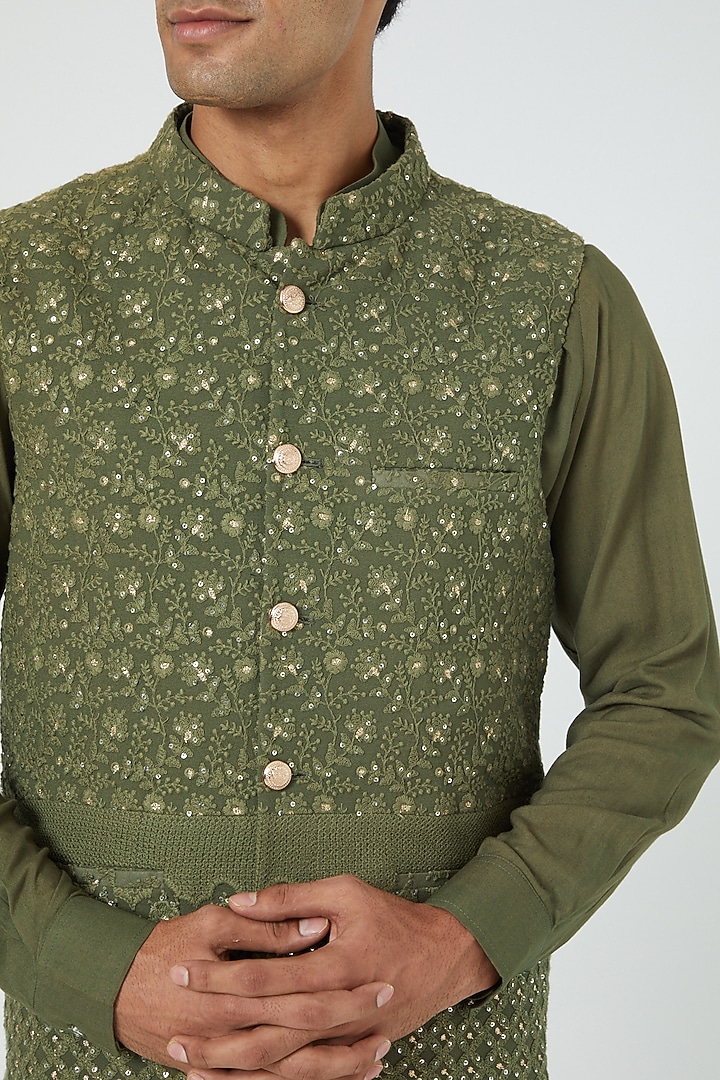 Olive Green Lucknowi Bundi Jacket Set by Soniya G Men at Pernia's Pop Up Shop