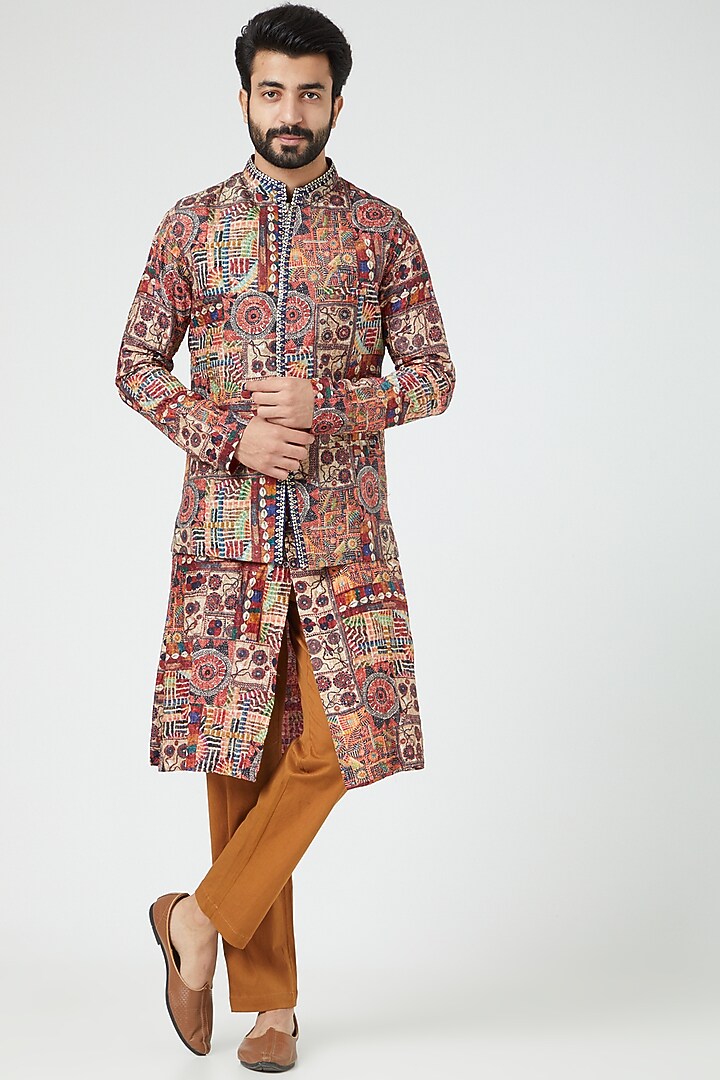 Wine Embroidered Jacket With Kurta Set by Soniya G Men at Pernia's Pop Up Shop