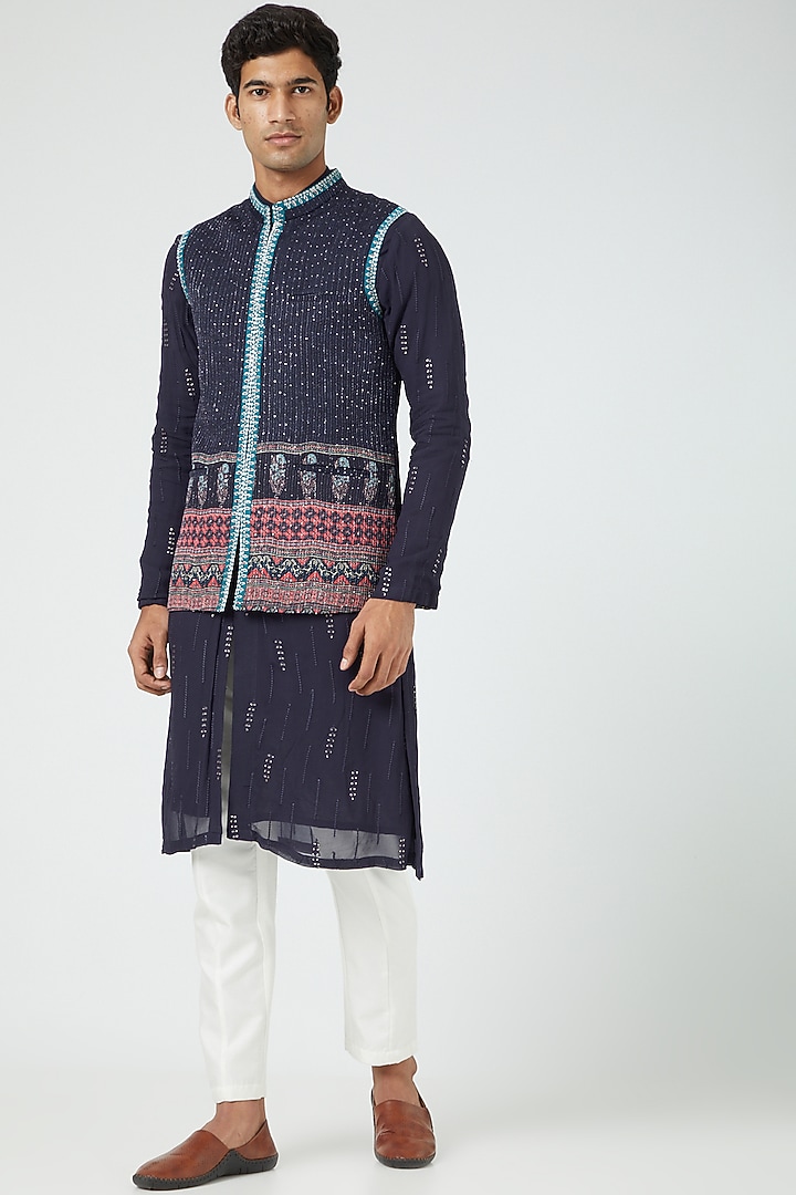 Navy Blue Silk Blend Zari Work Bundi Jacket Set by Soniya G Men at Pernia's Pop Up Shop