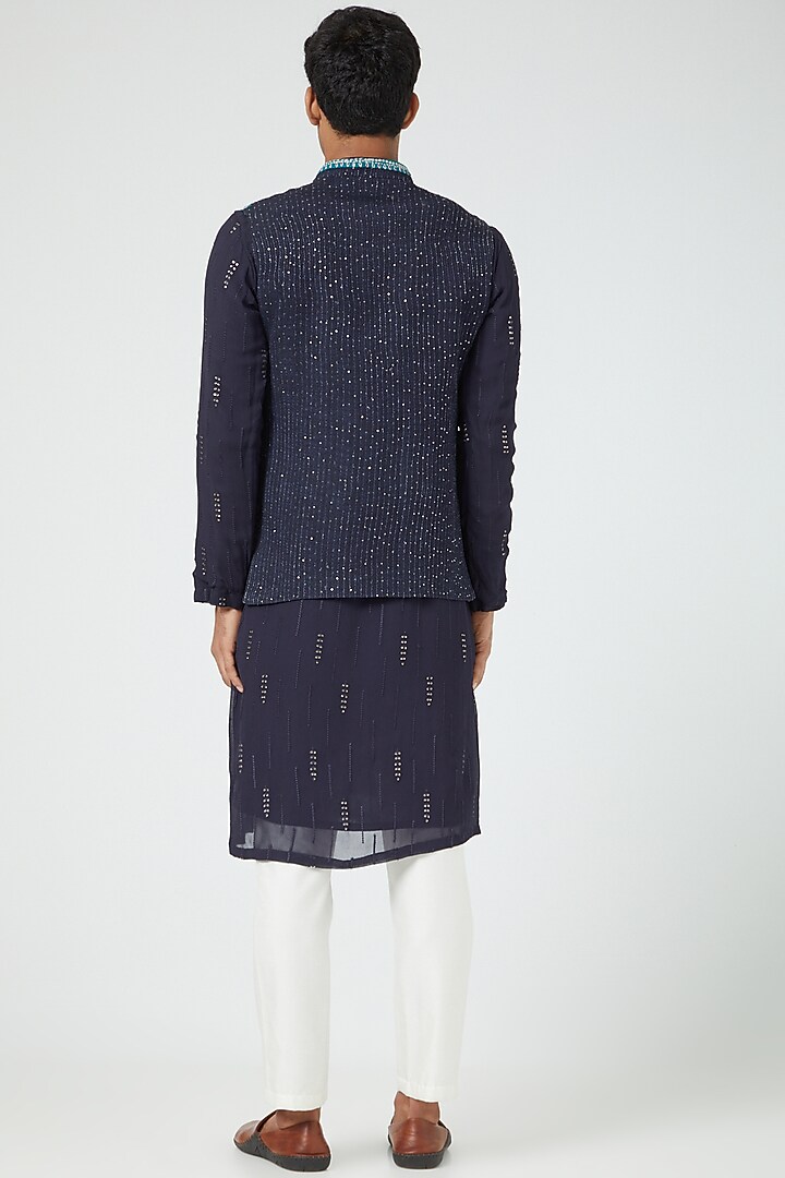 Navy Blue Silk Blend Zari Work Bundi Jacket Set by Soniya G Men at Pernia's Pop Up Shop
