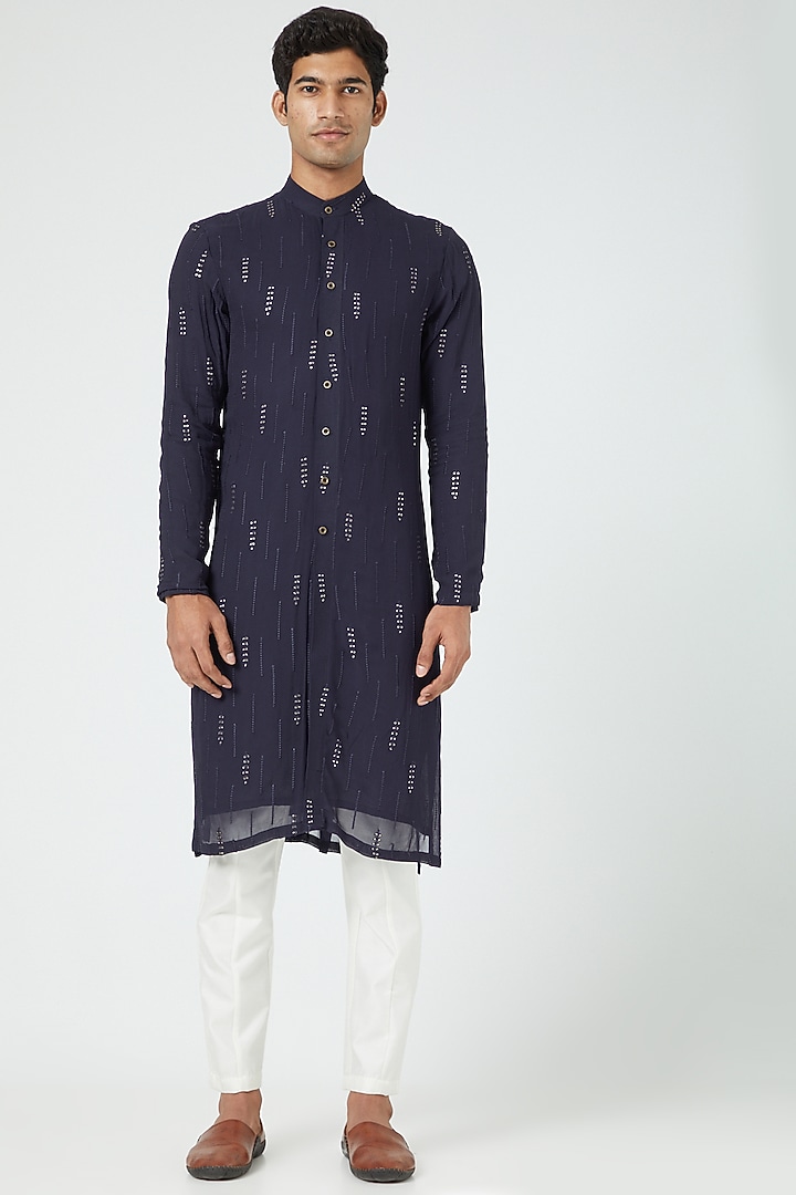 Navy Blue Silk Blend Zari Work Bundi Jacket Set by Soniya G Men at Pernia's Pop Up Shop