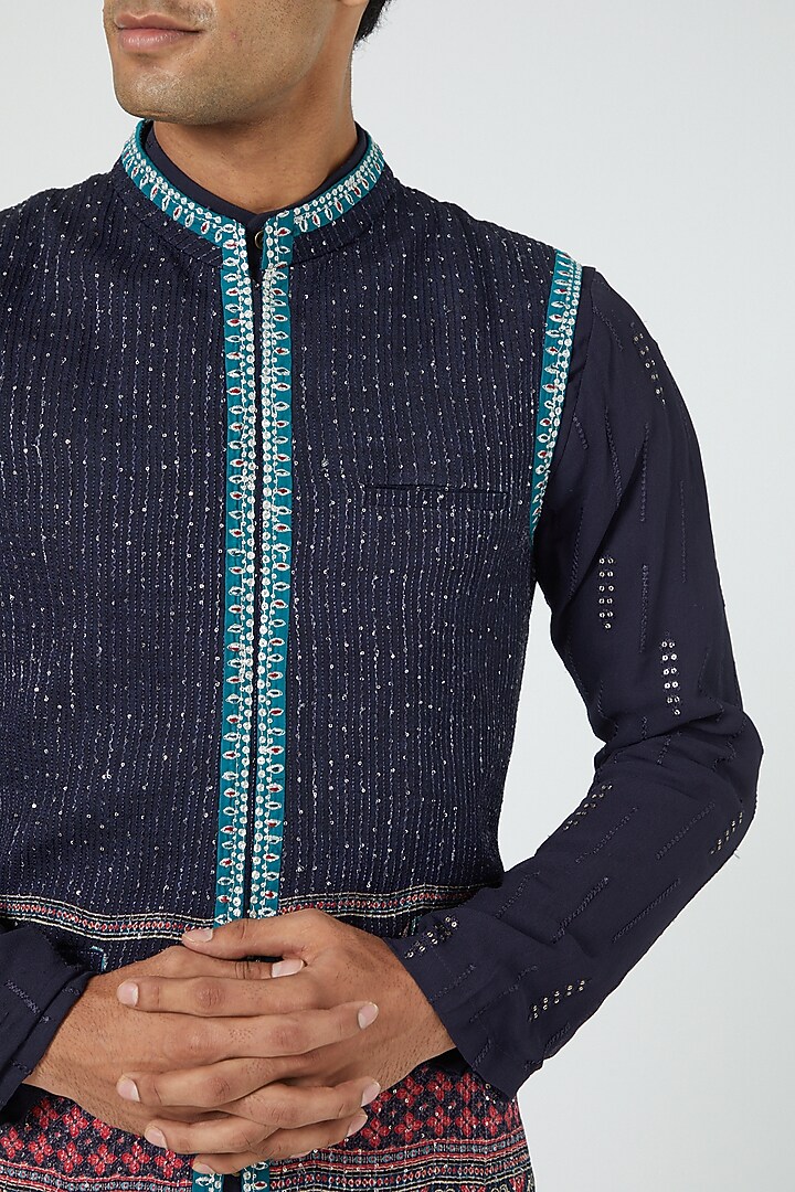 Navy Blue Silk Blend Zari Work Bundi Jacket Set by Soniya G Men at Pernia's Pop Up Shop