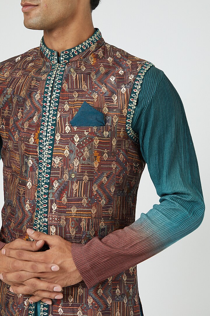 Multi-Colored Silk Blend Printed Bundi Jacket Set by Soniya G Men at Pernia's Pop Up Shop