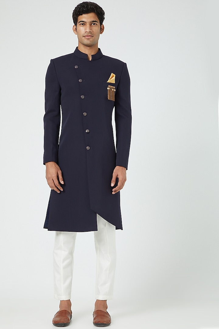 Navy Blue Crepe Indo Western Set by Soniya G Men at Pernia's Pop Up Shop